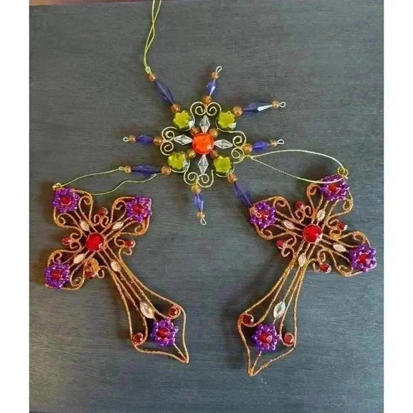 Jeweled Cross And Snowflake‎ Ornaments (Lot Of 3) - Picture 1 of 6